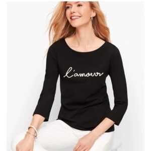 Talbots Black 3/4 Sleeve Top with 'L' amour' Love Embroidery -Medium